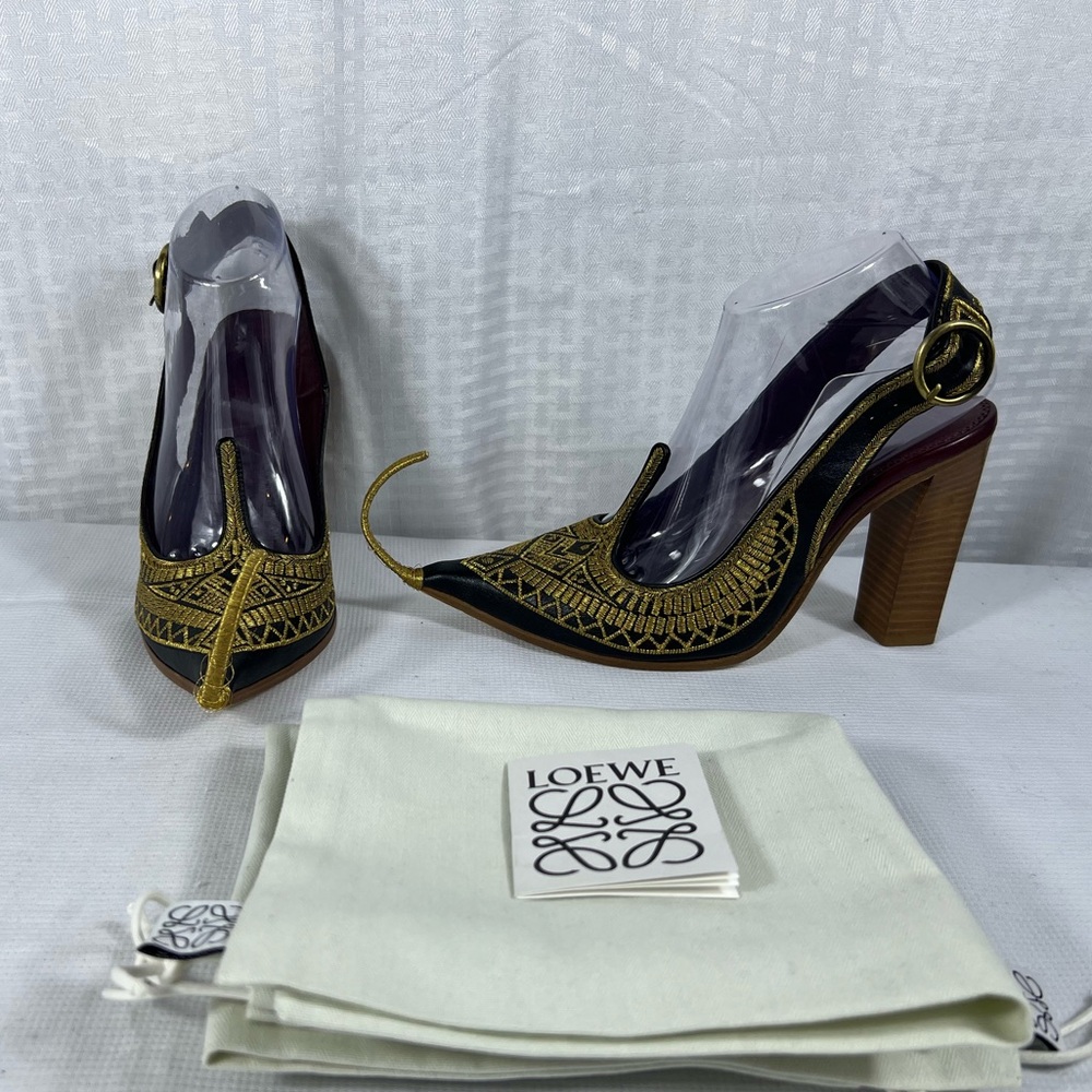 Loewe Embroidered Slingback Heels Black Gold Size 39 - New/ Like new